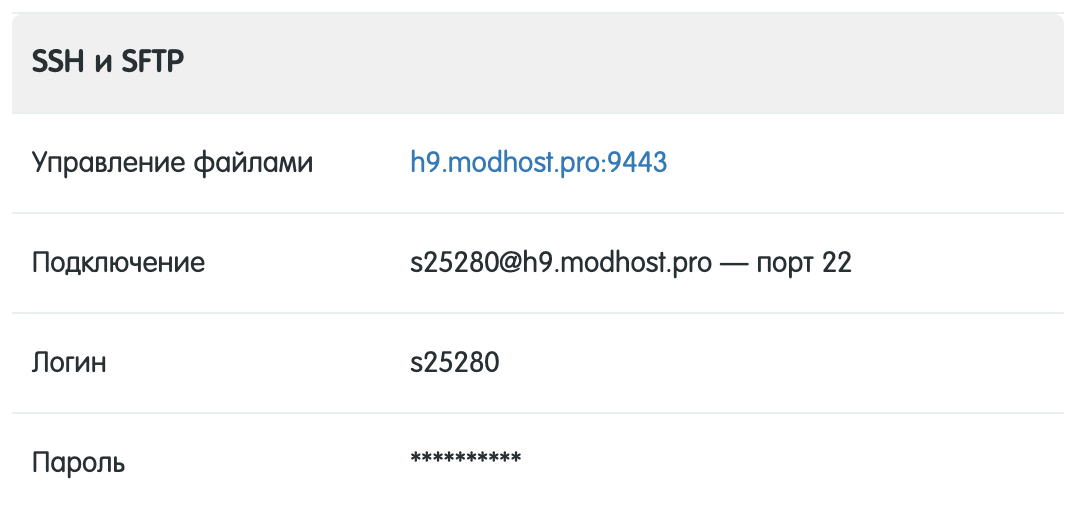 Настройки доступа к серверу на хостинге modhost.pro